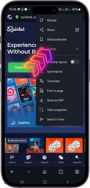 Scurtătura aplicației Rainbet pe Android